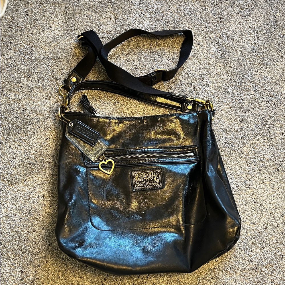 Coach Black Leather Shoulder Bag with Gold Accents